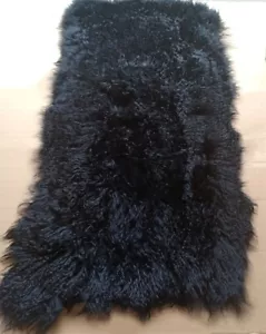 Black TIBETAN HIDE FUR MONGOLIAN LAMBSKIN SHEEPSKIN HIDE BED THROW BLANKET RUG - Picture 1 of 8
