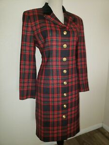 VTG RALPH LAUREN Coat Dress Sz 10 Vintage 80s 90s Red Tartan Plaid Military