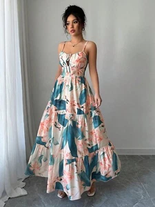 Women's Boho Tropical Floral Maxi Dress – Sleeveless Tiered Beach Sundress - Picture 1 of 8