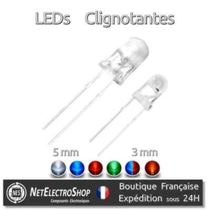 LEDs Clignotantes 3mm 5mm, Blanc Bleu Rouge Vert Bleu-Rouge Diffusant-Orange - Picture 1 of 27