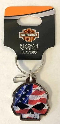 Harley Davidson Metal Patriot Willie G Calavera Rojo Blanco Azul Llavero NUEVO Foto 1 de 2