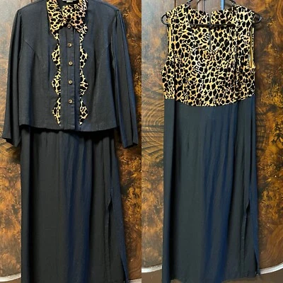 Vestido Vaina De Colección BETSY’S THINGS 2 Piezas Talla 18/Chaqueta Negro Estampado Leopardo Flock EE. UU. Foto 1 de 4