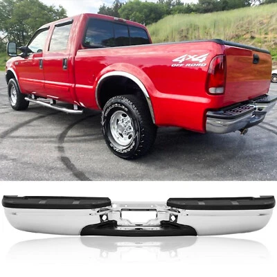 PARA-CHOQUE TRASEIRO CROMADO PARA FORD 1999-07 F-250 F-350 SUPER DUTY SEM FUROS DE SENSOR - Imagem 1 de 4