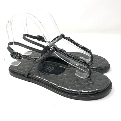 Chanel Sandalias Metálicas Eslabones de Cadena Correa en T Mujer 37 C EE. UU. 6.5 Negro Acolchado Foto 1 de 4