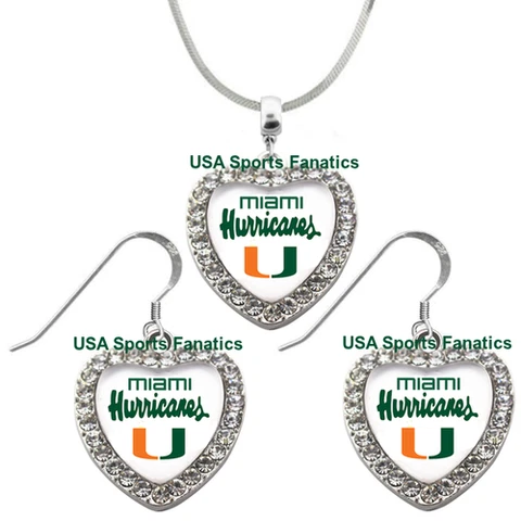 Miami Hurricanes 925 Necklace or Earrings or Set Team Heart With Rhinestones Cover
