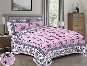 Loom N Bloom Jaipuri Hand Screen Print Cotton 1 Bedsheet 2 Pillowcover "90x108" - Picture 1 of 4