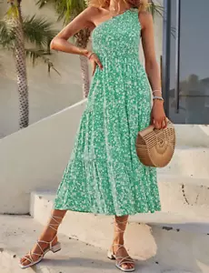 Damen One Shoulder Boho Maxikleid verspottet Rüschen Blumen ärmellos S grün - Bild 1 von 11