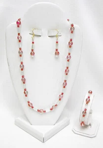 4 PIECE HOT PINK/ORANGE/CLEAR NECKLACE, BRACELET & EARRINGS JEWELRY SET-NEW-WOW  - Picture 1 of 2