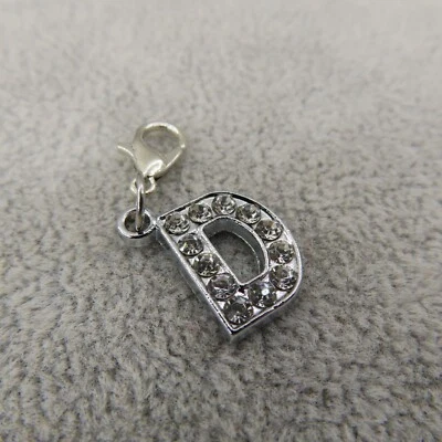 RHINESTONE Initial LETTER D Charm Zipper Pull Keychain Add On Clip Silver Tone - Image 1 of 4