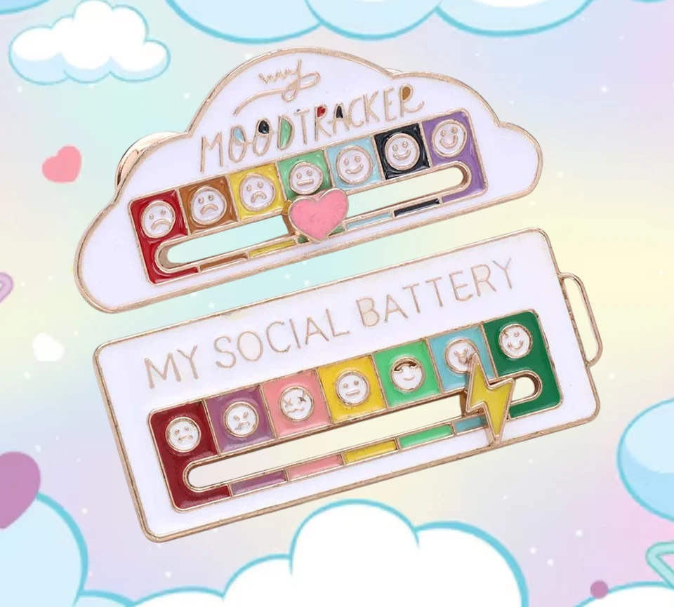 Alfileres esmaltados Sliding My Social Battery Y Mood Tracker, blancos Foto 1 de 1