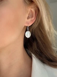 Large Round Pearl 925 Sterling Silver Drop Hook Earrings - Picture 1 of 4