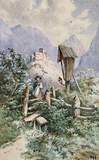 Landschaft mit junge Bäuerin im Gebirge. (Tirol?) Aquarell um 1890. Sign.: MH