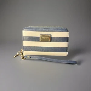 Michael Kors Blue/White Leather Striped Zip Around Wallet - Picture 1 of 4