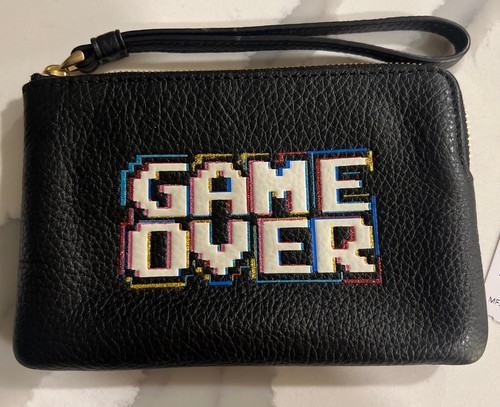 Coach Portafoglio Donna Angolare Zip Polso Pelle con Pac Man Game Over Nero Nuovo con etichette!