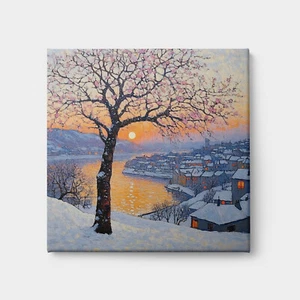 Albero fiori rosa al tramonto inverno villaggio innevato stampa su tela arte da parete - Foto 1 di 7