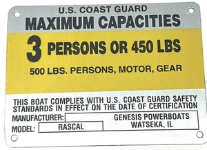 United Marine Corp Boat Capacity Plate~Tag 3 Person or 450 Lbs~Genesis Rascal - Picture 1 of 1