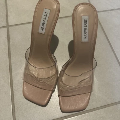 Steve Madden Feminino Signal Mules Clear/Nude Combo Biqueira Aberta 4,5” Salto Alto 10 - Imagem 1 de 4