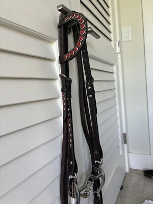 Nueva brida deslizante de una oreja Western Horse con cristales rojos, broca de bordillo y riendas divididas Foto 1 de 4