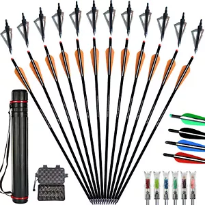 12Pcs 20Inch Crossbow Bolts Carbon Arrows /12Pcs Hunting Broadheads /Quiver Tube - Picture 1 of 35
