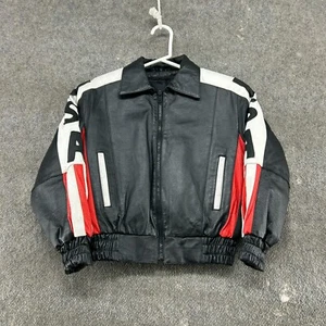 VINTAGE Wilda Jacket Youth Boys Large Black Bomber Genuine Leather Flag USA 90s - Picture 1 of 13