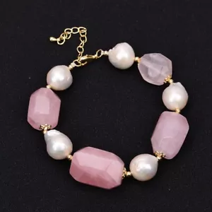 Cultured White Keshi Pearl Faceted Pink Rose Quartz Nugget Crystal Bracelet 8'' - Picture 1 of 7