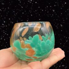 Art Glass Candle Holder Votive Green Turquoise with Copper Glitter 3”T 2.75”W