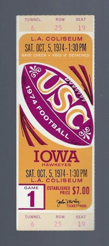 VINTAGE 1974 NCAA IOWA HAWKEYES @ USC TROJANS FOOTBALL FULL FOOTBALL TICKET Cover
