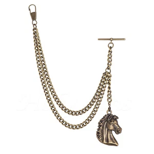 Brand New Bronze Single Albert Pocket Watch Fob Chain With Horse Pendant - Picture 1 of 7