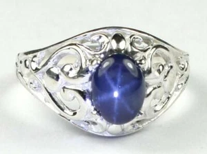 925 Sterling Silber Damen Ring, natürlicher blauer Sternsaphir, SR111 - Bild 1 von 5