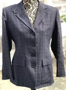 Lauren Ralph Lauren Linen Blazer Jacket Womens 10P Navy Blue Check Lined USA - Picture 1 of 7
