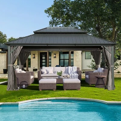 DOMI OUTDOOR LIVING Domi 12' x 14' Hardtop Gazebo Outdoor Aluminum Gazebo w/Curtains and Net, Gray