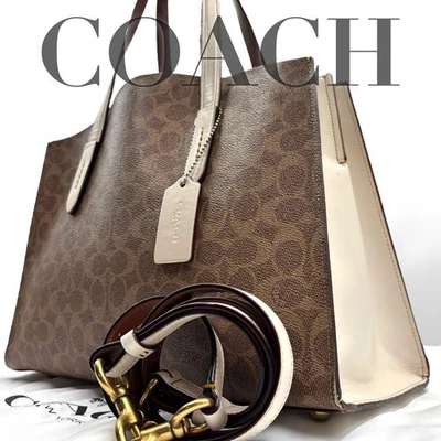 Bolso de Hombro COACH 2 Vías Cuero PVC Blanco Marrón Firma Foto 1 de 4