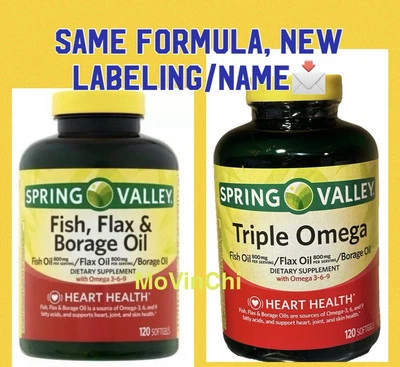 1/Spring Valley Fish Flax & Borage Oil  Supplement Softgels 120 Triple Omega New - Image 1 of 4