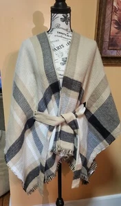 ANN TAYLOR beige Block kariert Herbst Designer schick Gürtel Poncho Cape-XS/S neu mit Etikett - Bild 1 von 6