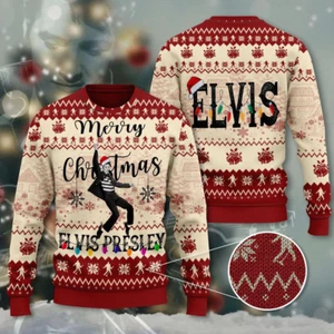 BG Bring The King Of Rock To Your Christmas With Elvis Presley 3D Ugly Sweater - Picture 1 of 3