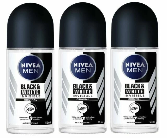 NIVEA Black and White Invisible 48 Hours Man's Deodorant Roll - 50ml, Pack of 3