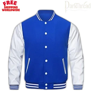 Varsity Letterman Jacket Blue Wool Body White Leather Sleeves Baseball Bomber - Picture 1 of 6