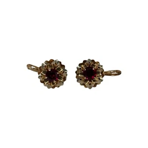 18ct 18k Yellow Gold Created Red Ruby Flower Hook Earrings 3.17 Grams. Brand New - Picture 1 of 7