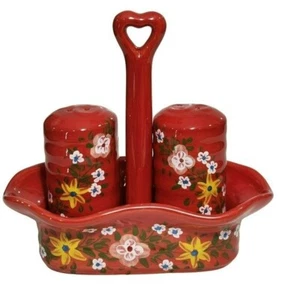 Handmade Red Ceramic salt And Pepper shakers With Caddy - Picture 1 of 16
