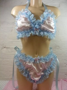 sissy PINK satin bra panties set underwear top lingerie knickerS MENS OR womens - Picture 1 of 5