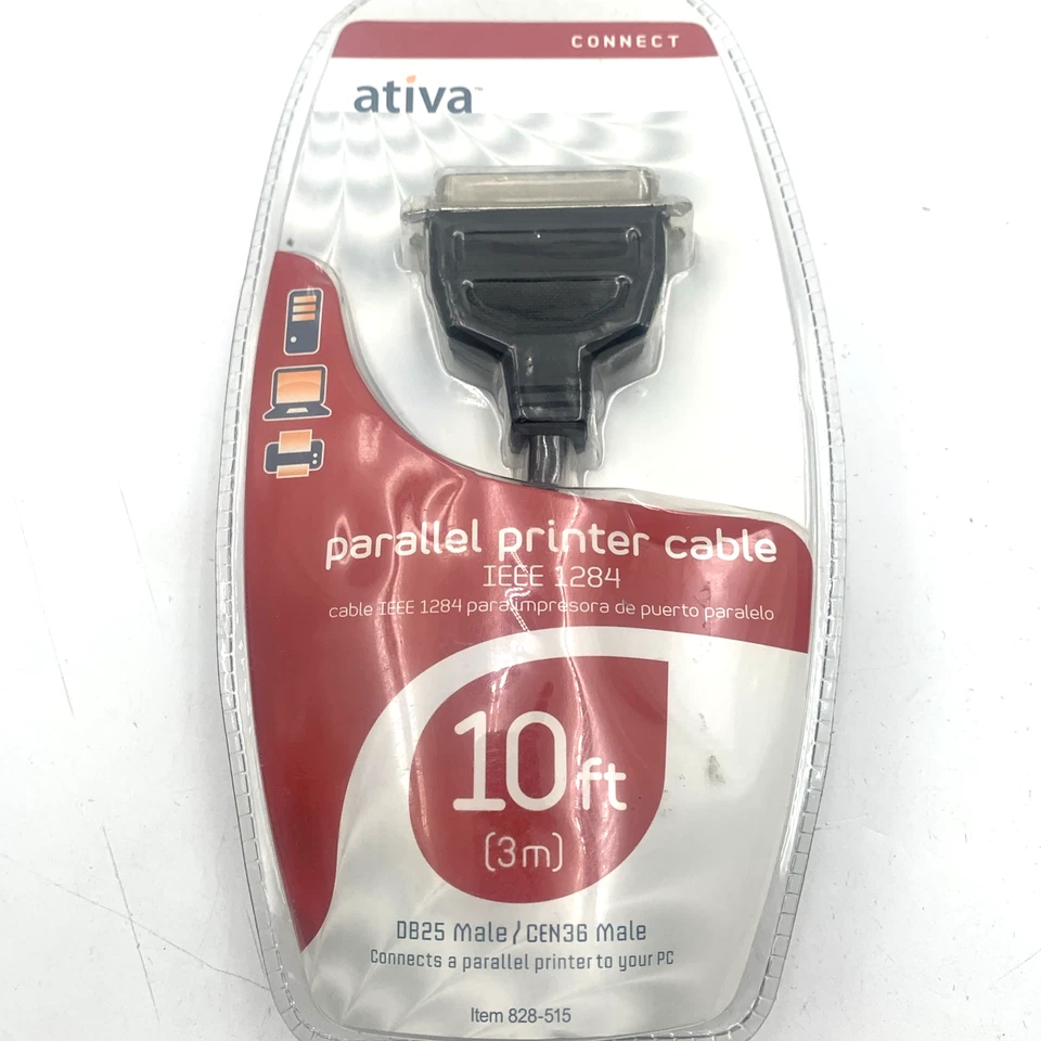 Ativa Parallel Printer Cable 828-515 IEEE-1284 DB25 Male To CEN36 Male 10 Ft - Image 1 of 4