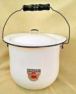 ENAMELED POT LID BELMONT PORCELAIN ON STEEL METAL HANDLE WOOD GRIP VINTAGE* - Picture 1 of 10