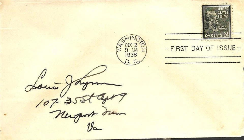 First Day Cover #828 24 cent Benjamin Harrison PM December 2 1938 - Image 1 of 1