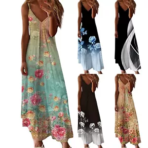 Women Plus Size Maxi Sun Dress Trendy Flowy Beach Long Spaghetti Strap Dress - Picture 1 of 37