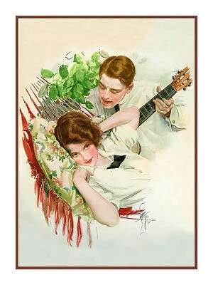 Harrison Fisher Art Deco Guitar Serenade Countd Cross Stitch Chart Graph Pattern - Image 1 of 4