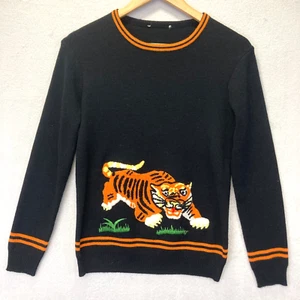 Vintage 70s Needle Punch Tiger Sweater Womens Small Ivy League Prep Embroidered - Picture 1 of 15