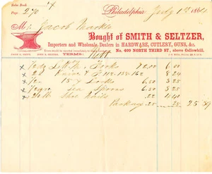 1864 SCHEINKOPF RECHNUNG - SCHMIED & SELTZER - BESCHLAG BESTECK WAFFEN - PHILADELPHIA - Bild 1 von 1