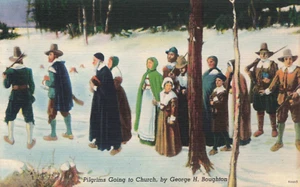 Postcard Pilgrims Going to Church by George H. Boughton Snowy Scene - Picture 1 of 2
