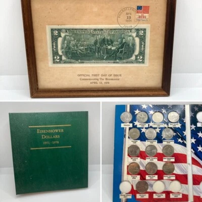 Bicentennial Two Dollar Bill First Day of Issue $2, U.S.Eisenhower $1 Coins,  - Image 1 of 4