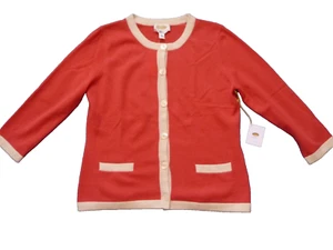 Talbots NWT M Sweater Cardigan 100% Cashmere Coral Pink White Trim Button Down - Picture 1 of 6